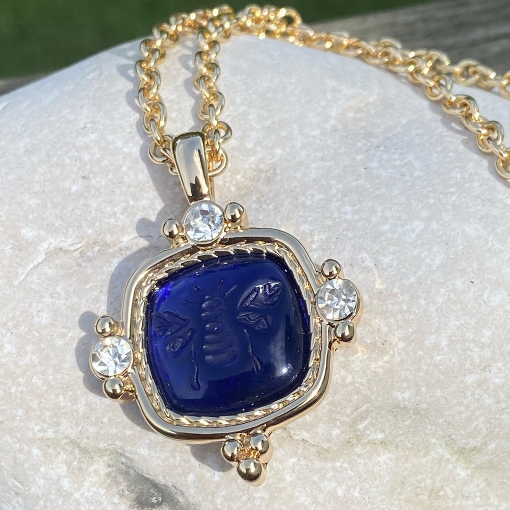 Willabee & Ward Venice Blue Bee necklace with gold chain and crystal accent